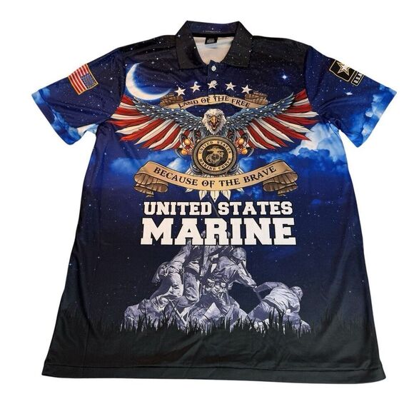 Veteran XL Polo Shirt Land Of The Free US Marine Army Polo Shirt Print All Over - Picture 1 of 15